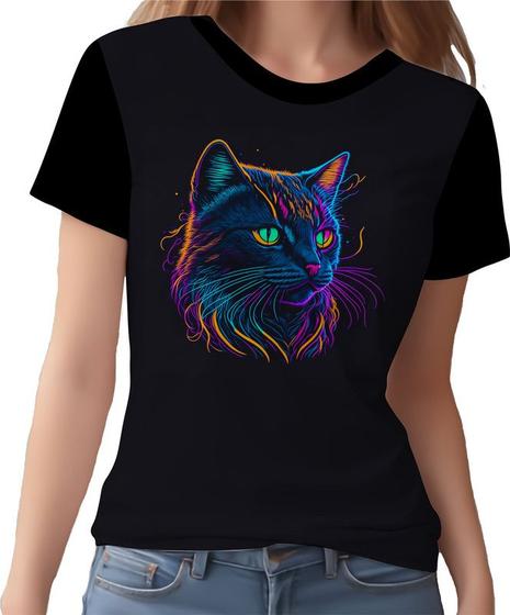 Imagem de Camisa Camiseta Estampada T-shirt Face Gato Neon Felino 1