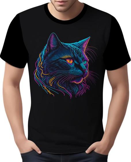 Imagem de Camisa Camiseta Estampada T-shirt Face Gato Neon Felino 6