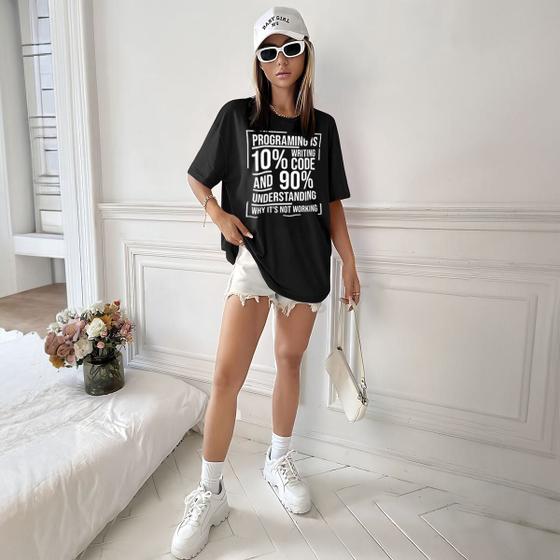 Imagem de Camisa Camiseta Feminina Estampada Programing Is 10% 100% Algodão Fio 30.1 Penteado