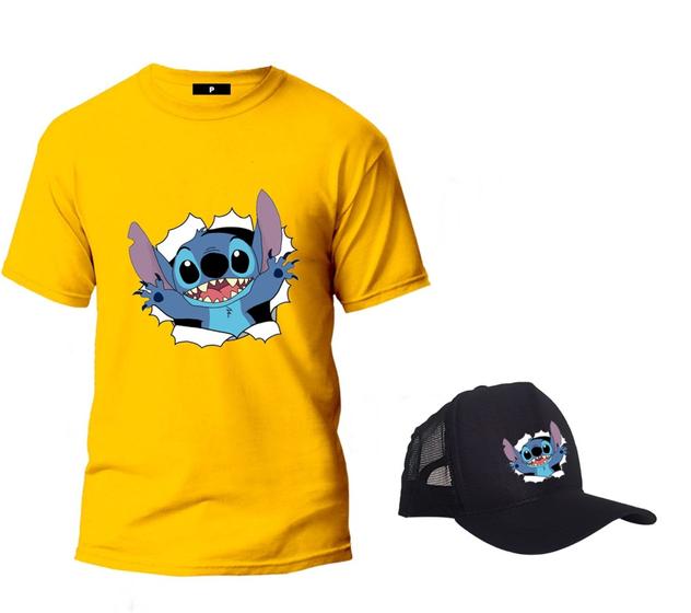 Imagem de Camisa Camiseta Lilo Stitch E Boné Adulto Infantil Novidade Exclusiva