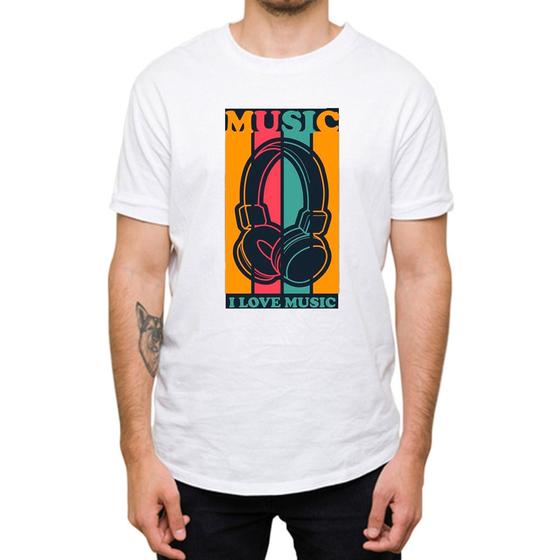 Imagem de Camisa Camiseta Masculina Basica Estampa Fone de Ouvido I Love Music Gola Redonda