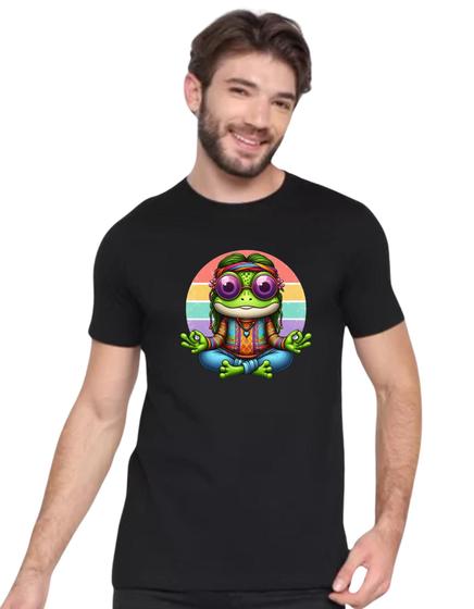 Imagem de Camisa Camiseta Preta Sapo Hippie Arco Irís Meditação Ioga