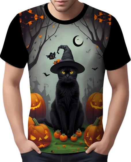 Imagem de Camisa Camiseta Tshirt Halloween Gato Preto Bruxo Abobora