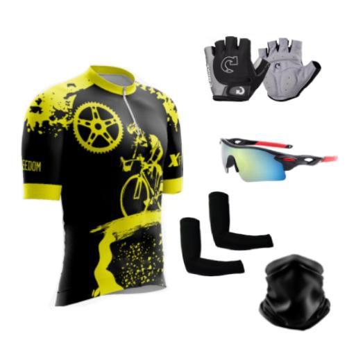 Imagem de Camisa Ciclismo C/ Proteção UV + Luvas Ciclismo + Óculos Esportivo + Manguito + Bandana