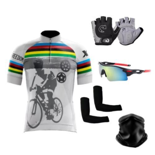 Imagem de Camisa Ciclismo C/ Proteção UV + Luvas Ciclismo + Óculos Esportivo + Manguito + Bandana