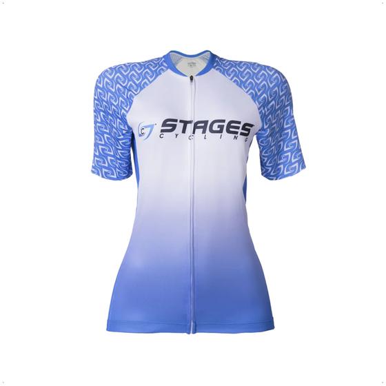 Imagem de Camisa Ciclismo Feminina GG Zíper Bolso Traseiro Degrade Branca e Azul Corrida Treino Academia Musculação Atrio VB050