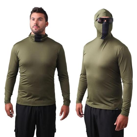 Imagem de Camisa de Pesca Proteção UV50+ com Touca Ninja Verde Militar