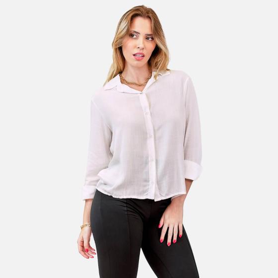 Imagem de Camisa de Viscose Camisete Feminina Social Básica Gola Italiana e Punho com Botões