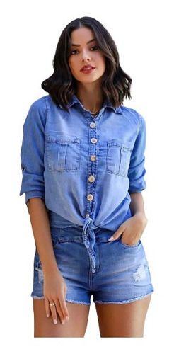 Imagem de Camisa Feminina Azul Clara Com Amarração Consciência Jeans