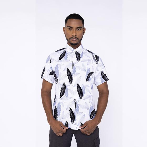 Imagem de Camisa Floral Masculina Manga Curta Branco Social Slim Fit