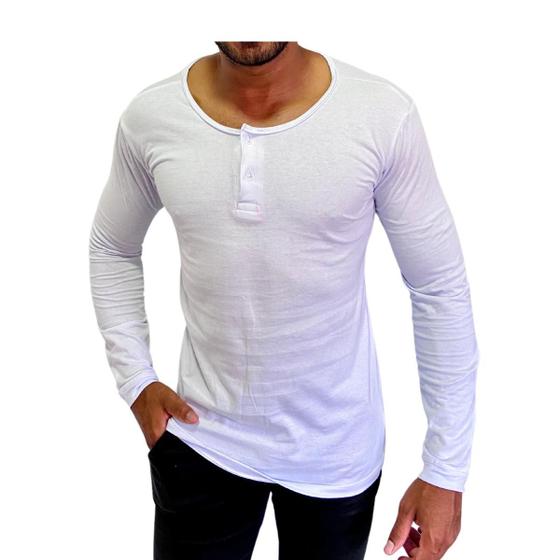 Imagem de Camisa Henley Masculina Manga Longa Algodão Egípcio Confortável Blusa de Frio Estilosa Slim