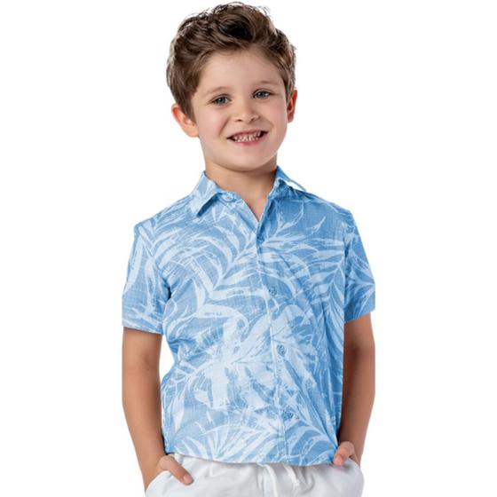 Imagem de Camisa Infantil Menino Algodão Azul Estampa de Plantas