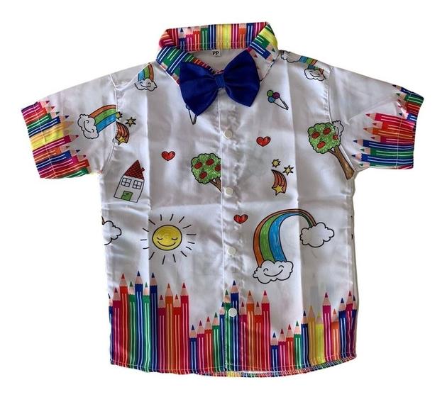 Imagem de Camisa Infantil Temática Aquarela Lápis Colorido + Gravata