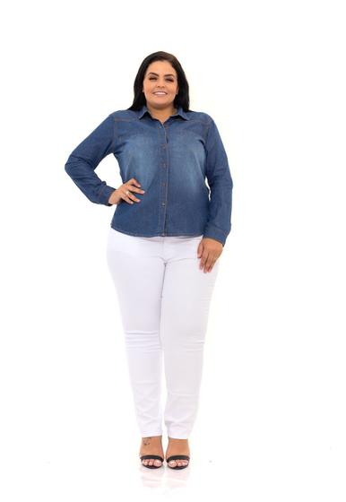 Imagem de Camisa Jeans Básica Blusa Feminina Plus Size Manga Longa