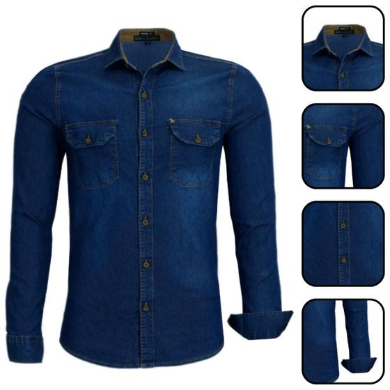 Camisa Jeans Masculina Social Manga Longa Menor preço em Camisa Jeans Masculina Social Manga Longa