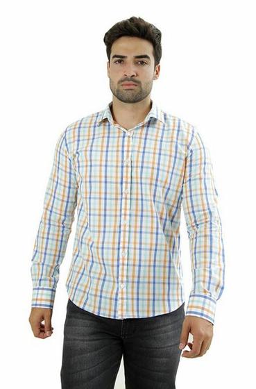 Imagem de Camisa Masc. Ixória Manga L. Slim Fit Xadrez Laranja/Br/Azul