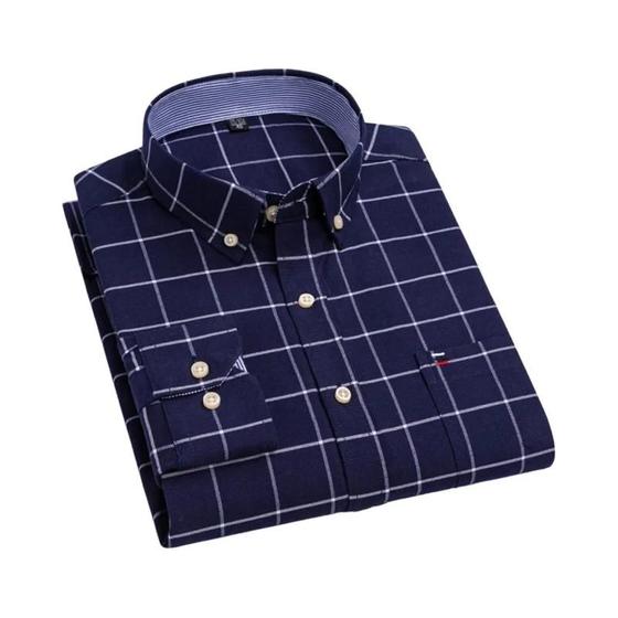 Imagem de Camisa Masculina 100% Algodão Oxford Xadrez Manga Comprida Ajuste Regular Vestido Formal Bolso 7XL