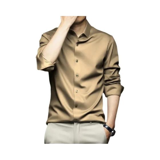 Imagem de Camisa Masculina de Seda 6XL - Manga Comprida, Sem Ferro, Luxo e Conforto (Primavera/Outono)