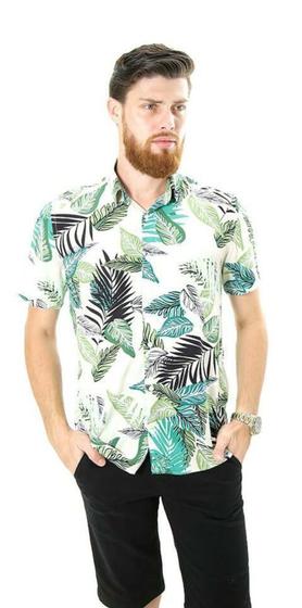 Imagem de Camisa Masculina Manga Curta Viscose Modelagem Regular Folhas Branco Verde