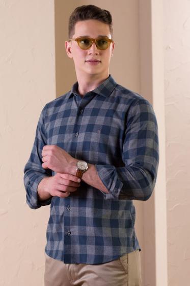 Imagem de Camisa Masculina Manga Longa Elegance Flanela Xadrez Azul e Cinza