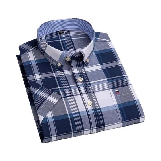 Imagem de Camisa Masculina Oxford 100% Algodão - Manga Curta, Xadrez Listrado, Oversized