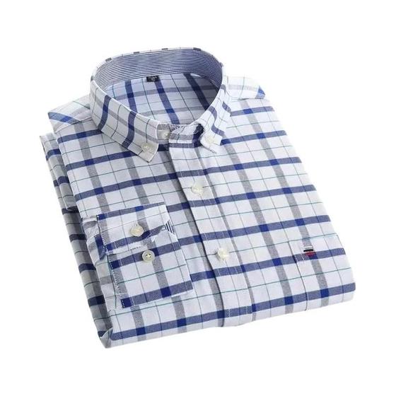 Imagem de Camisa Masculina Oxford de Algodão - Manga Comprida (5XL-7XL) - Confortável para Viagem e Uso Casual