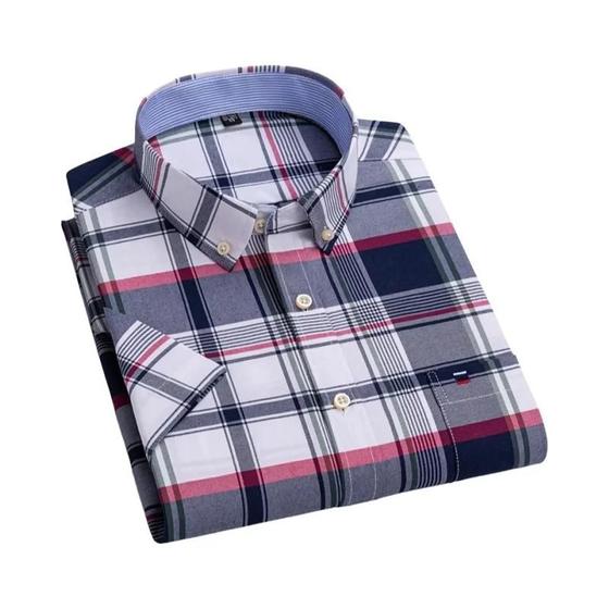 Imagem de Camisa Masculina Oxford de Algodão - Manga Curta, Listrada e Xadrez - Casual e Formal