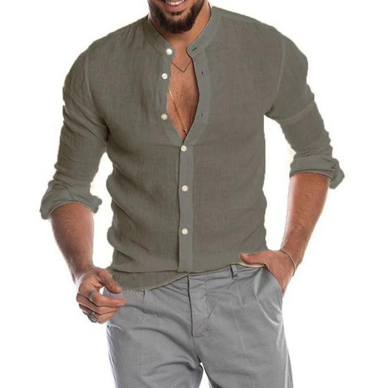 Imagem de Camisa Masculina Plus Size de Algodão e Linho - Manga Comprida, Casual, Praia, Gola Redonda