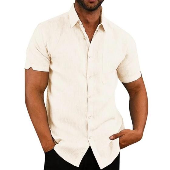 Imagem de Camisa Masculina Plus Size de Linho e Algodão - Manga Curta, Gola Virada, Cor Sólida