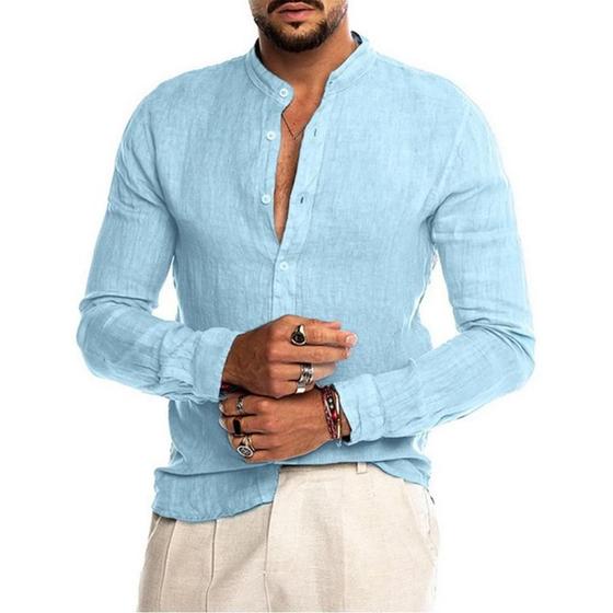 Imagem de Camisa Masculina plus Size De Manga Comprida De Algodão E Linho Casual Estilo Praia Cor Sólida Gola