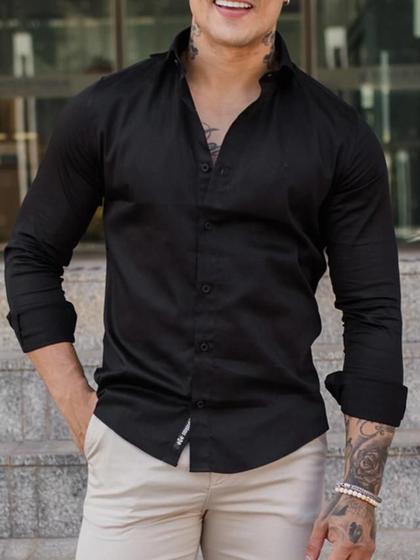 Imagem de Camisa Masculina  Slim Manga Longa Acetinada Preta -  Conquest