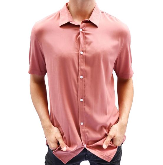 Imagem de Camisa Masculina Social Manga Curta Rosa Lisa Viscose Unissex