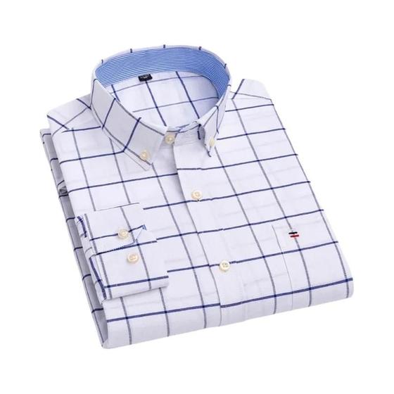 Imagem de Camisa Oxford Xadrez De Manga Comprida Masculina 100% Algodão Macio Regular Ajuste Vestido Formal