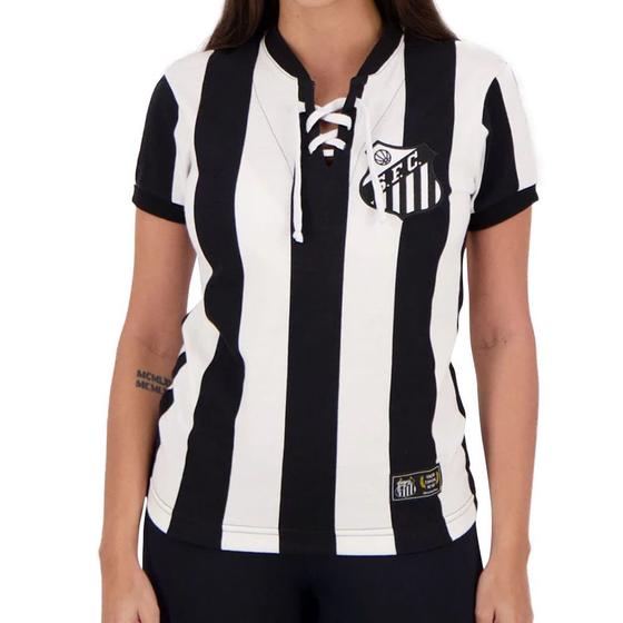 Imagem de Camisa retro mania santos 1913 cordinha feminina - pto/bco m