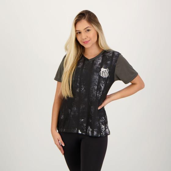 Camisa Santos Chess Feminina Cinza e Preta - Braziline Imagem de Camisa Santos Chess Feminina Cinza e Preta