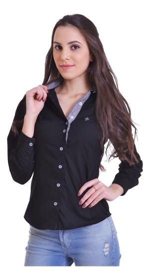 Imagem de Camisa Social Feminina Manga Longa Camisete Slim Preto 1 G