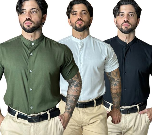 Imagem de Camisa Social Gola Padre Masculina Slim Fit Manga Curta