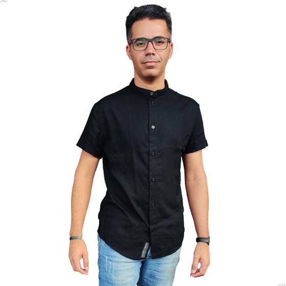 Imagem de Camisa Social Gola Padre Masculina Slim Manga Curta Linho