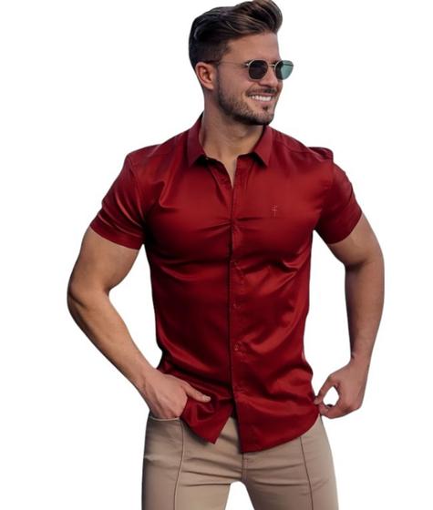 Imagem de Camisa Social Lisa Masculina Manga Curta Slim Fit