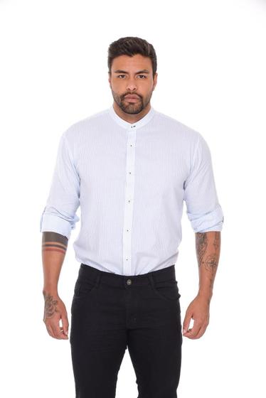 Imagem de Camisa Social Masculina Gola Padre Slim Fit Listrada - Tamanhos do PP ao XGG