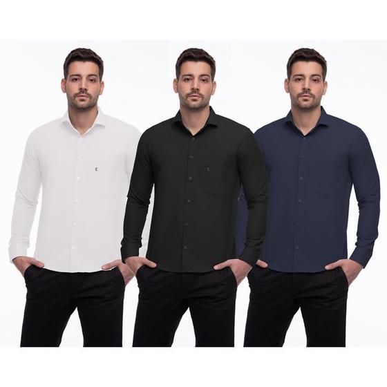 Imagem de Camisa Social Masculina Manga Longa Lisa Botões Kit 3 Branco/Preto GG