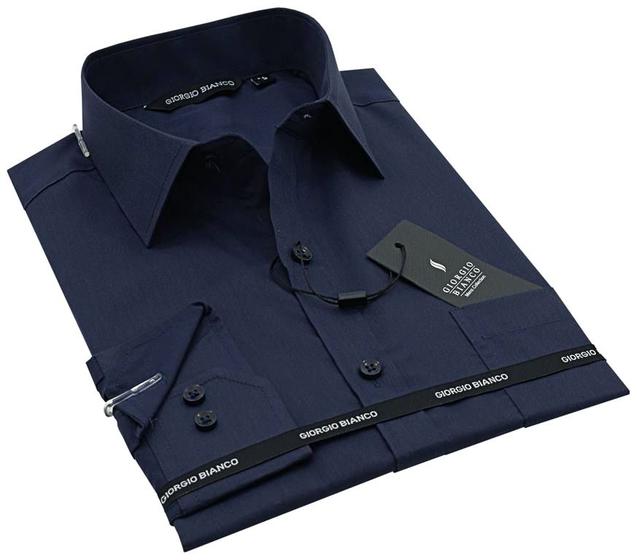 Camisa Social Masculina Manga Longa Marinho C/ Bolso Giorgio Menor preço em Camisa Social Masculina Manga Longa Marinho C/ Bolso Giorgio