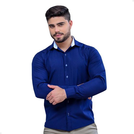 Imagem de Camisa Social Masculina Manga Longa Slim Fit Azul Marinho