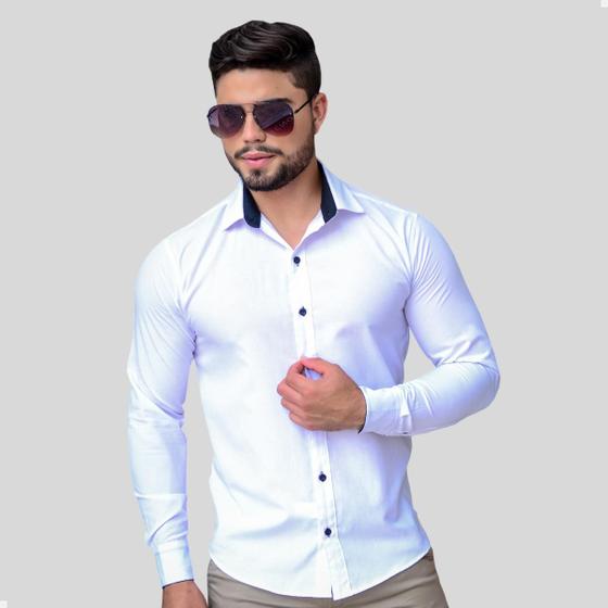 Imagem de Camisa Social Masculina Manga Longa Tricoline Slim Fit Branco