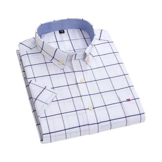 Imagem de Camisa Social Masculina Oxford 100% Algodão - Manga Curta, Xadrez, com Bolso (P-7XL)