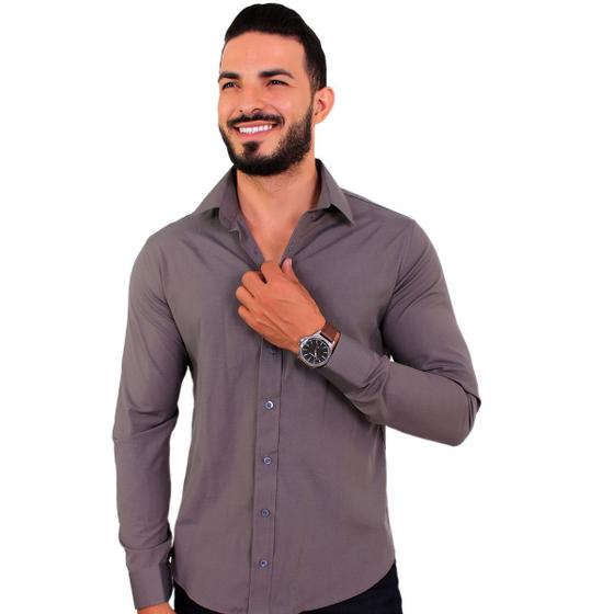 Camisa Social Masculina Slim Manga Longa Cinza Menor preço em Camisa Social Masculina Slim Manga Longa Cinza