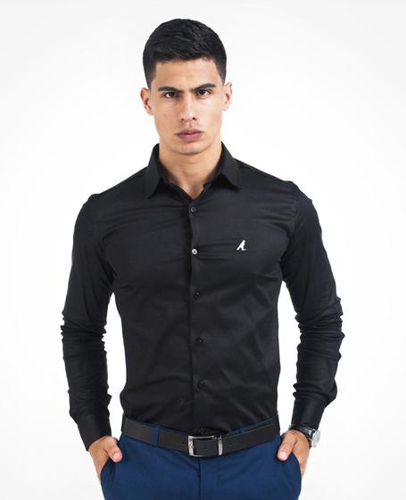 Camisa Social Preta Masculina Super Slim Menor preço em Camisa Social Preta Masculina Super Slim