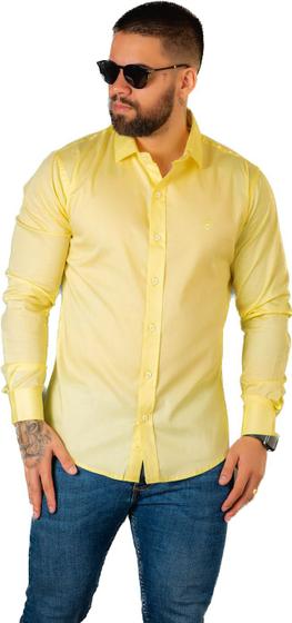 Imagem de Camisa Social Volar Manga Longa Slim Fit Lisa Acetinado Xadrez Masculina Festa Casamento Algodão