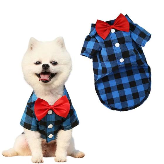 Imagem de Camisa xadrez c/ gravata roupa pet cachorro gato azul