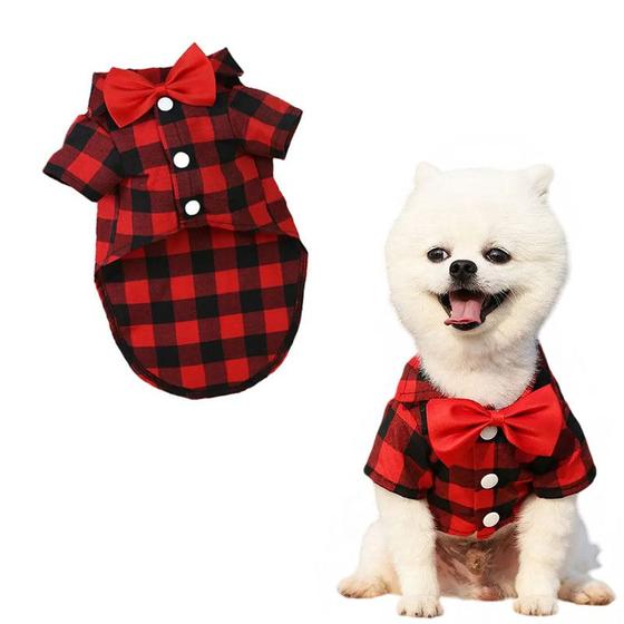 Camisa xadrez c/ gravata roupa pet cachorro gato vermelha - DOG E CO Imagem de Camisa xadrez c/ gravata roupa pet cachorro gato vermelha